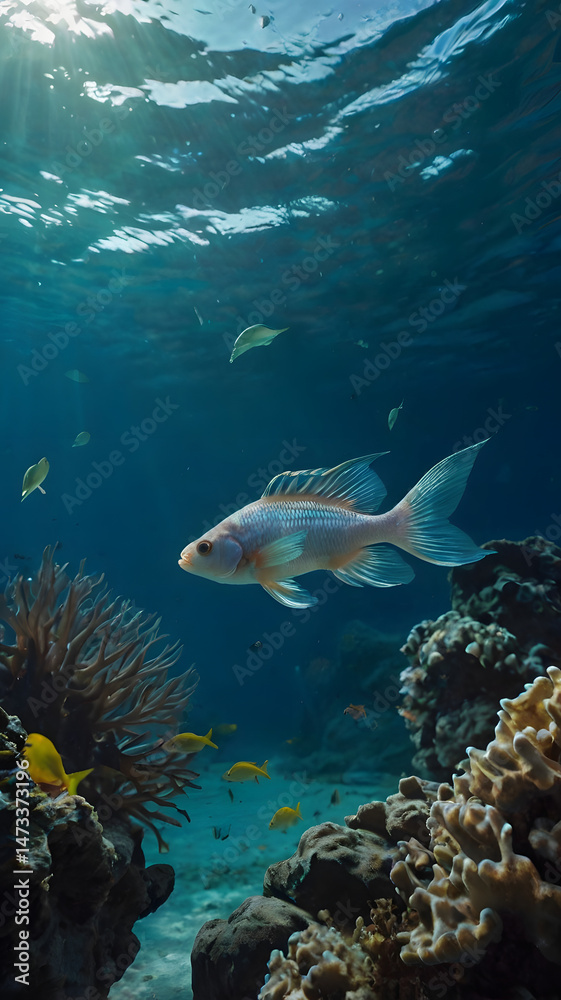 Naklejka premium Fish swim in the thickness of the tropical sea, the ocean floor is covered with coral. Sunlight shines through the water column.