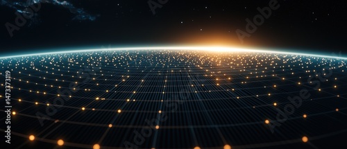 A digital landscape featuring a grid of lights on a spherical surface, illuminated by a rising sun, creating a futuristic and expansive atmosphere.