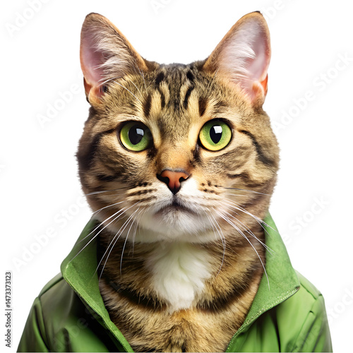 cute cat in a green jacket portrait isolated on transparent background