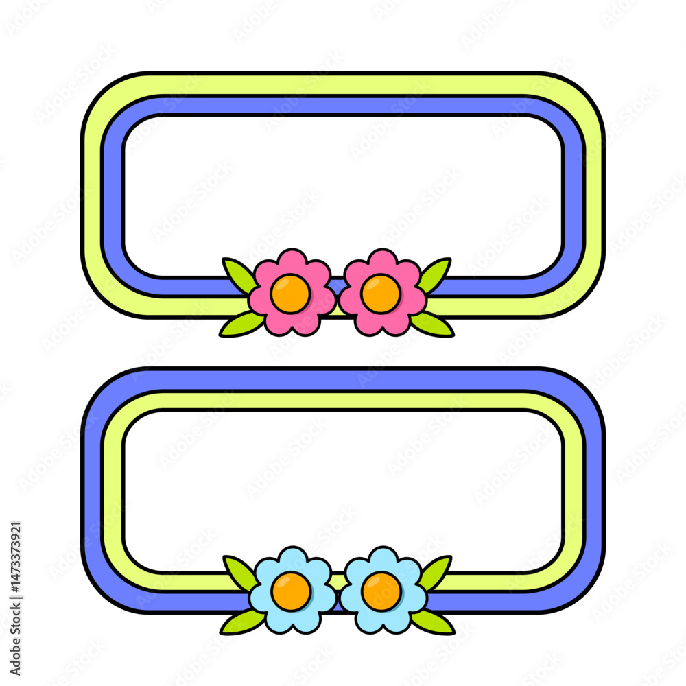Cute name tag with retro flowers for label planner sticker. Rounded rectangle retro frame. Retro rainbow name tag frame. Pop retro groovy frame with retro flowers.