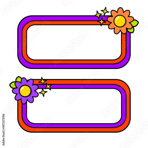 Cute name tag with retro flowers for label planner sticker. Rounded rectangle retro frame. Retro rainbow name tag frame. Pop retro groovy frame with retro flowers.