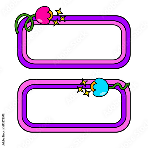 Cute name tag with retro flowers for label planner sticker. Rounded rectangle retro frame. Retro rainbow name tag frame. Pop retro groovy frame with retro flowers.