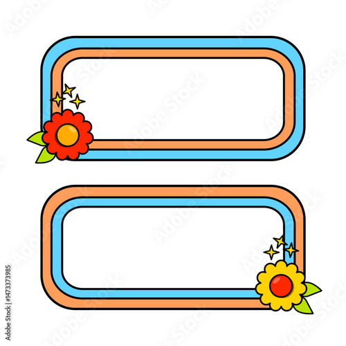 Cute name tag with retro flowers for label planner sticker. Rounded rectangle retro frame. Retro rainbow name tag frame. Pop retro groovy frame with retro flowers.