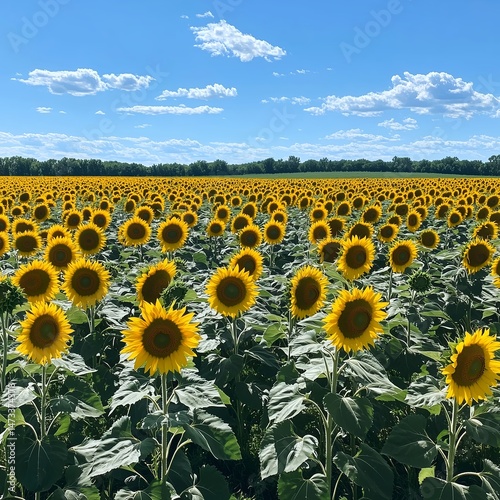 Sunflower Field in Full Sunlight: Vibrant Yellow Blooms in a Rural Landscape with Blue Sky and Clouds - Perfect for Gardening and Landscape Photography