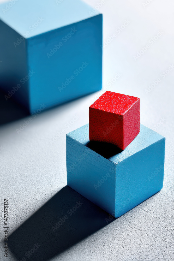 Fototapeta premium An incomplete blue square shape with one red cube standing apart