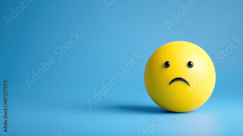 Yellow ball with sad face expression on blue background.