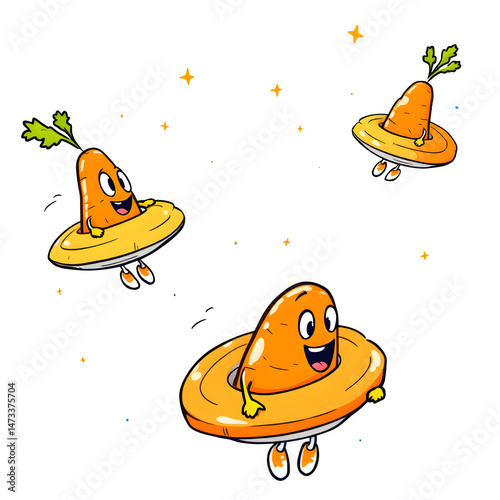 Happy Carrots in Flying Saucers Explore the Starry Cosmos A Fun Cartoon Illustration photo