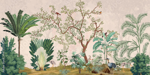 Hand painted wallpaper and fabrics, Mughal Garden, Plam Tree, Tropical Plant, Tropical Wallpaper Mural