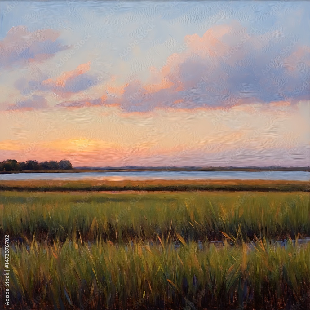 Obraz premium Serene Sunset over Calm Water and Grassy Marsh Peaceful Evening Landscape Painting