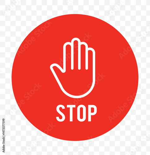 red stop sign with hand vector icon, hand palm icon, warning stop sign, no entry symbol, no trespassing, stop sign, road sign, vector illustration on transparent background, prohibition icon. EPS 10