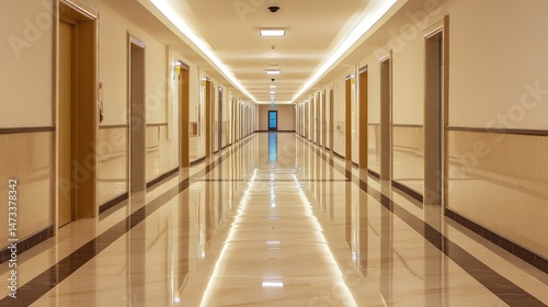 A long hallway with white walls and floors