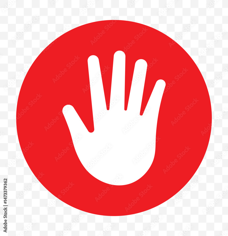 Obraz premium red stop sign with hand vector icon, hand palm icon, warning stop sign, no entry symbol, no trespassing, stop sign, road sign, vector illustration on transparent background, prohibition icon. EPS 10