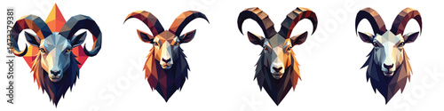 Cut-out set of low-poly mountain goat head in a vector illustration against a Transparent or white background, best for logo design, print, sticker or clipart.