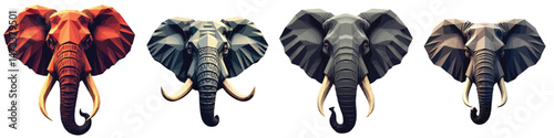 Cut-out set of low-poly war elephant face in a vector illustration against a Transparent or white background, best for logo design, print, sticker or clipart.