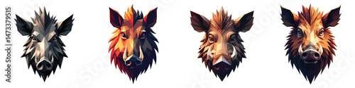 Cut-out set of low-poly jungle boar head in a vector illustration against a Transparent or white background, best for logo design, print, sticker or clipart.
