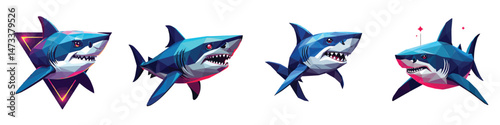 Set of 4 Aggressive Blue Shark Vector Illustrations