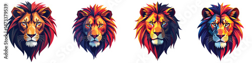 Cut-out set of low-poly mech lion face in a vector illustration against a Transparent or white background, best for logo design, print, sticker or clipart.