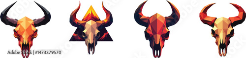 Cut-out set of low-poly volcanic beast skull in a vector illustration against a Transparent or white background, best for logo design, print, sticker or clipart.