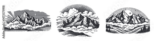 Vintage Mountain Landscape Illustration in Black and White Style