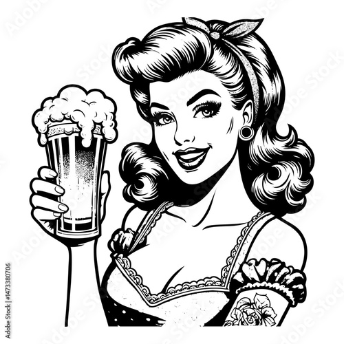 Pin-up girl holding glass of beer sketch engraving black and white outline. Scratch board imitation.  illustrated in vintage line art style on a white background.