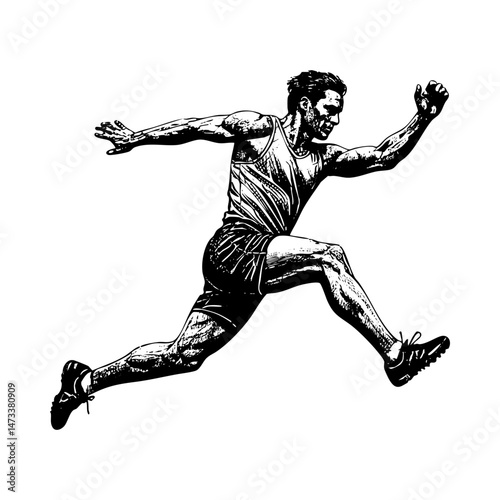 man running for long jump sketch engraving black and white outline. Scratch board imitation.