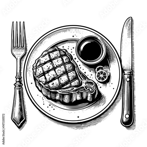 Steak with sauce on plate engraving black and white outline. Scratch board imitation.  illustrated in vintage line art style on a white background.