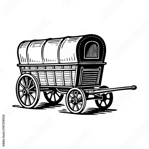 Classic wagon sketch engraving black and white outline. Scratch board imitation.