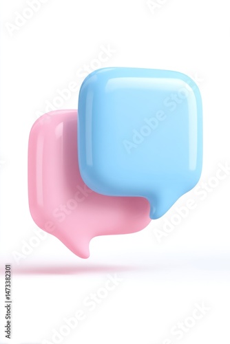 Two speech bubbles pink and blue overlapping on a white background.