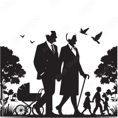 Senior Couple Walking Silhouette

Happy Elderly Couple in Park Vector

Black and White Senior Family Stroll