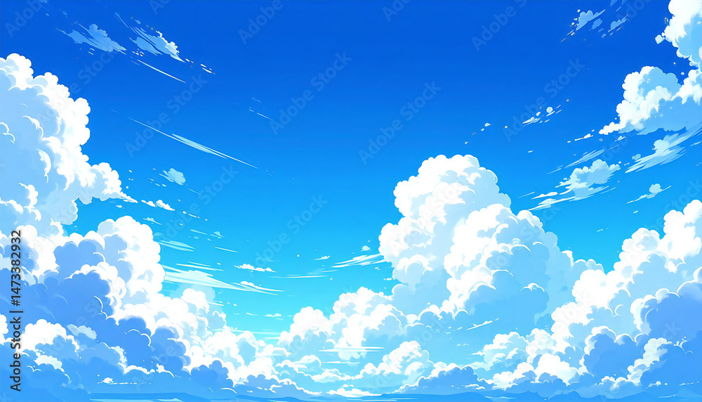 Obraz premium アニメーション風の青空と雲。Animated blue sky with clouds.