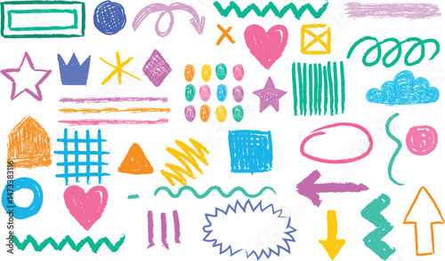 Crayon pencil vector set. Color lines and shapes with brush texture. Doodle paint background with chalk hand drawn elements. Sketch kid scribble, abstract children bg. Crayon shape, arrow circle heart