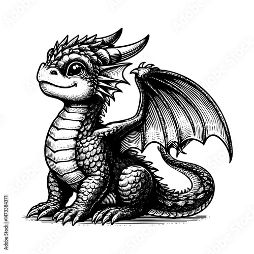 Dragon engraving black and white outline. Scratch board imitation.  illustrated in vintage line art style on a white background.