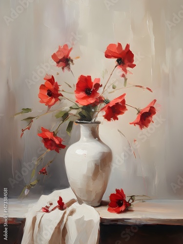 Beautiful red flowers in vase. Artwork