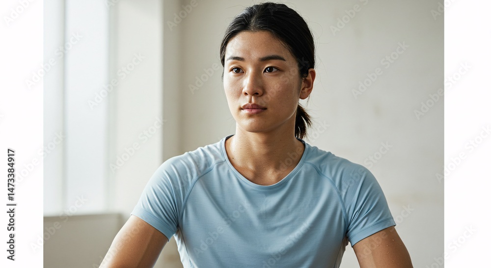 Focused Woman in Light Blue Shirt, Contemplative Pose, Mindful Moment, Inner Peace, Serene Expression Focused Woman in Light Blue Shirt, Contemplative Pose, Mindful Moment, Inner Peace, Serene Expression