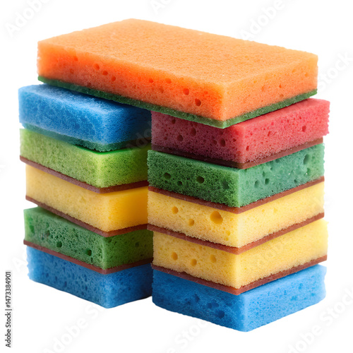 multi colored cleaning sponges stack isolated on transparent background