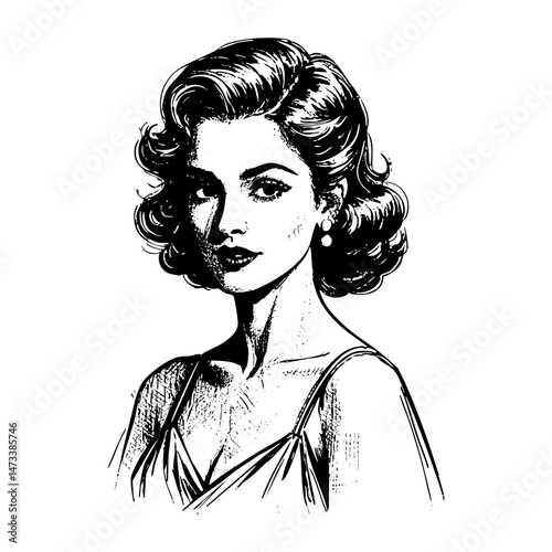 elegant beautiful woman sketch engraving black and white outline. Scratch board imitation.  illustrated in vintage line art style on a white background.