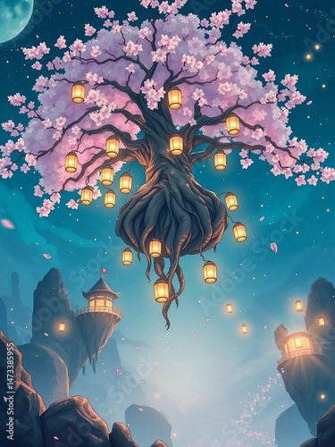 Magical Tree Adorned with Glowing Lanterns and Blooming Blossoms