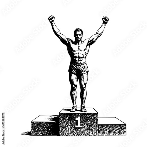 Man winning on podium sketch engraving black and white outline. Scratch board imitation.