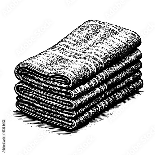 A stack of neatly folded towels sketch engraving black and white outline. Scratch board imitation.  illustrated in vintage line art style on a white background.