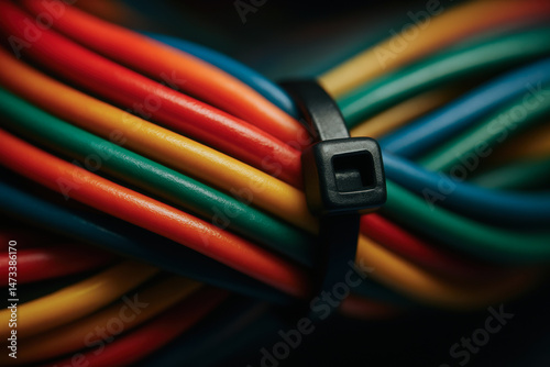 Cable bundle tied with black zip tie in industrial power plant wiring system for organized electrical connections