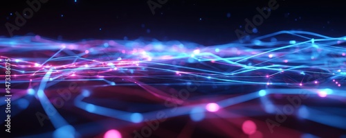 Abstract network with glowing dots and lines on a dark background.