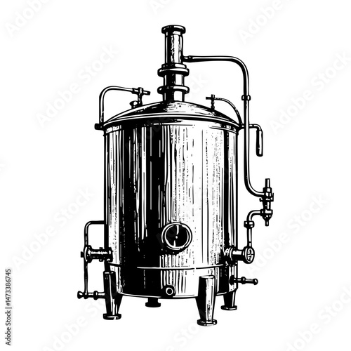 Beer brewing process factory sketch engraving black and white outline. Scratch board imitation.