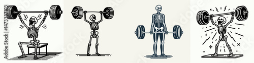 Skeleton as Weightlifter Shouting During Lift. Skeletal sport clipart silhouette vector illustration. Bony lifter yelling amid athletic exercise fitness power theme.