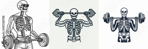 Skeleton as Weightlifter Wearing Belt. Skeletal sport clipart silhouette vector illustration. Bony athlete hoisting iron sporting waist protector morbid gym concept.