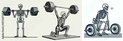 Skeleton as Weightlifter Preparing Lift. Skeletal sport clipart silhouette vector illustration. Bony athlete getting ready for barbell raising strength training workout.