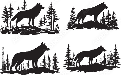 wolf howling at the moon, silhouette, tree, animal, vector, nature, deer, illustration, forest, wild, animals, art, landscape, black, night, sky, design, wildlife, sunset, grass, horse, wolf, hunting,