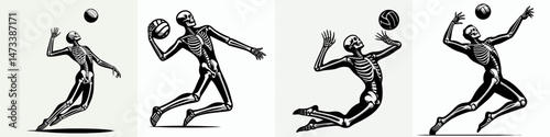 Skeleton as Volleyball Player Spiking. Skeletal sport clipart silhouette vector illustration. Bony figure in court activity leaping to propel sphere with force.