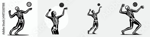 Skeleton as Volleyball Player Serving. Skeletal sport clipart silhouette vector illustration. Bony figure in athletic competition doing volley ball delivery action.
