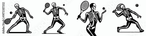 Skeleton as Tennis Player Forehand. Skeletal sport clipart silhouette vector illustration. Bony athlete delivering racquet stroke bone structure action at court.