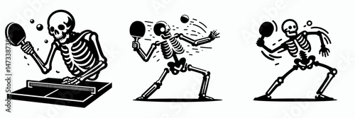 Skeleton as Table Tennis Smashing. Skeletal sport clipart silhouette vector illustration. Bony figure at athletic competition racquet hit action bone man playing.